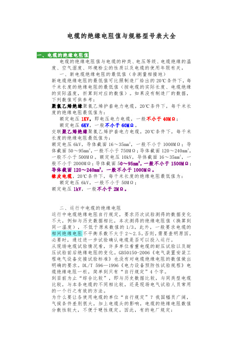 电缆的绝缘电阻值与规格型号表大全