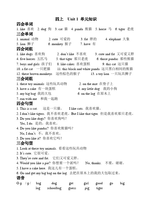 四年级上册英语Unit 1-8 单元知识点整理