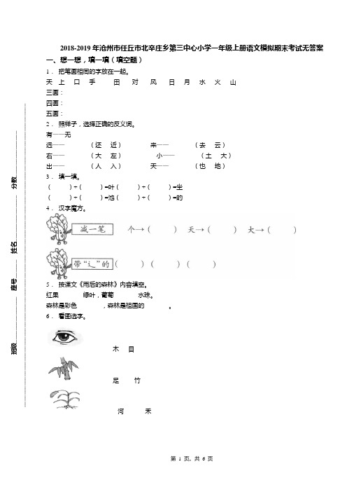 2018-2019年沧州市任丘市北辛庄乡第三中心小学一年级上册语文模拟期末考试无答案