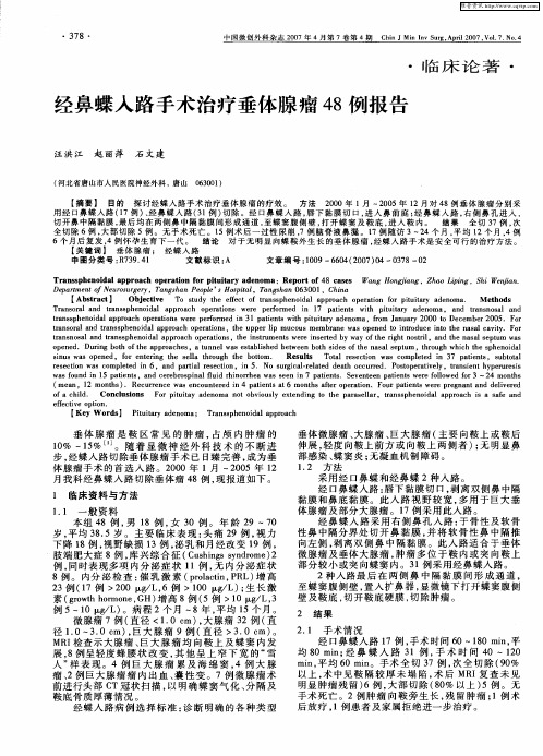 经鼻蝶入路手术治疗垂体腺瘤48例报告