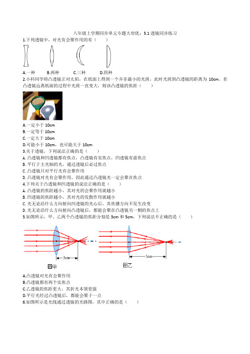 2020人教版八年级上学期同步单元专题大培优：5.1透镜同步练习