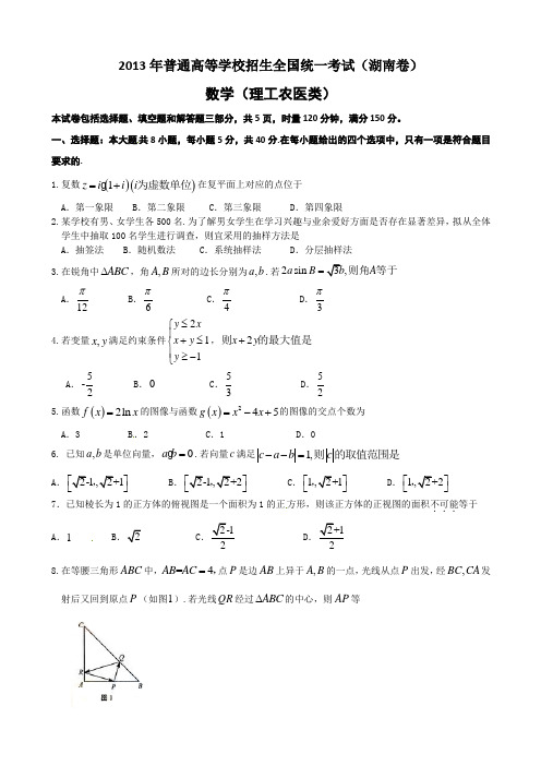 2013年高考湖南卷数学(理)试卷及答案