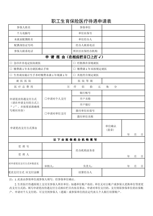 职工生育保险医疗待遇申请表