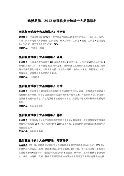 地板品牌：2012年强化复合地板十大品牌排名
