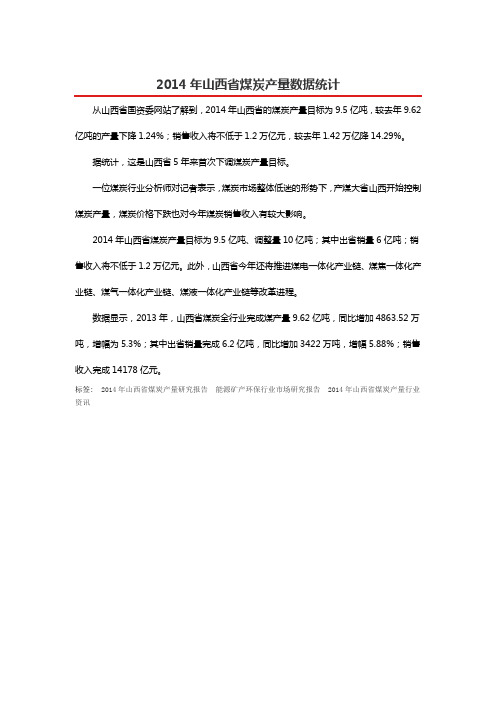 2014年山西省煤炭产量数据统计