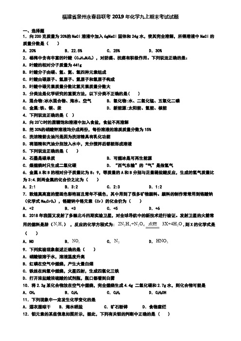 福建省泉州永春县联考2019年化学九上期末考试试题