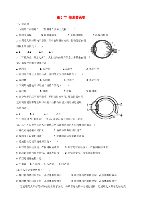 冀教版七年级生物下册2.4.1.1信息的获取——视觉  练习