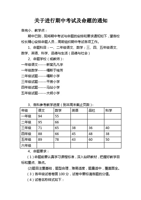 关于期中考试命题的通知