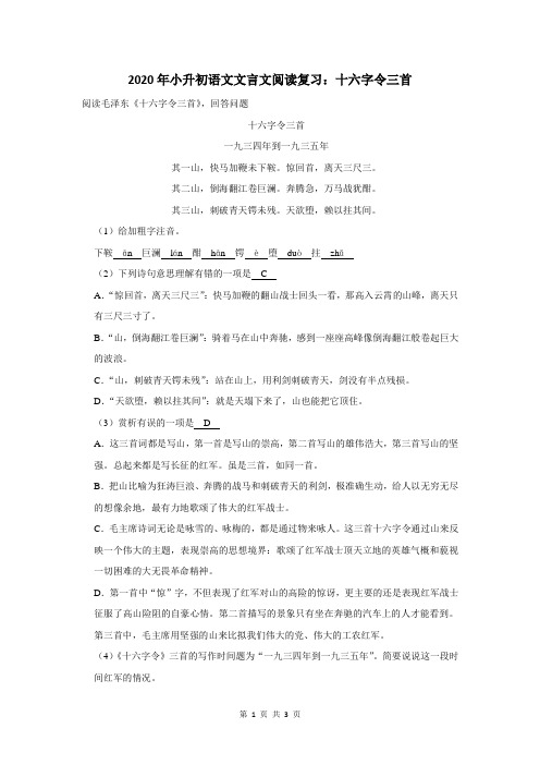 2020年小升初语文文言文阅读复习：十六字令三首