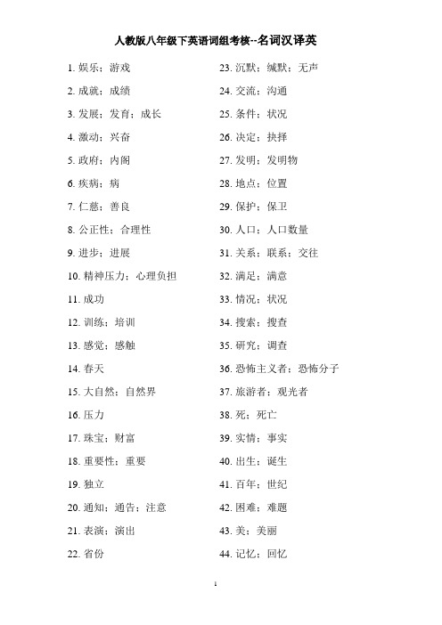 人教版八年级下英语词组考核--名词汉译英