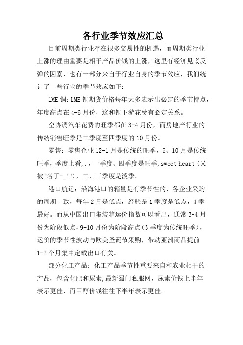 各行业季节效应汇总