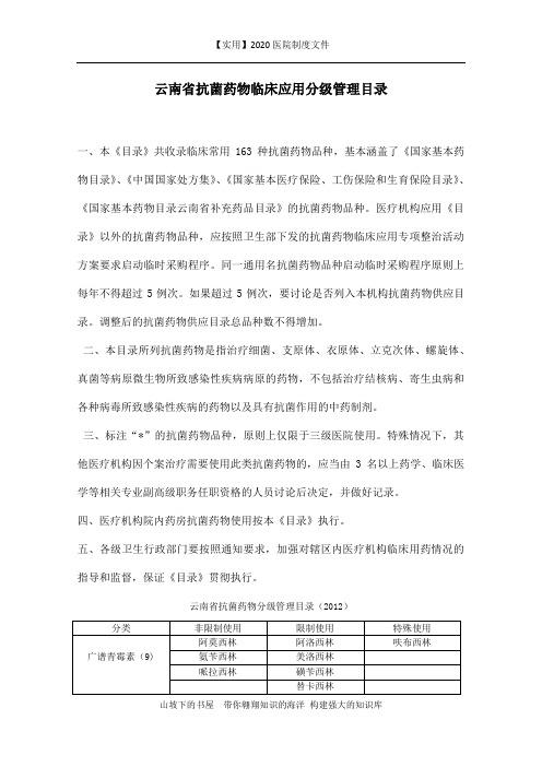 【实用】云南省抗菌药物临床应用分级管理目录