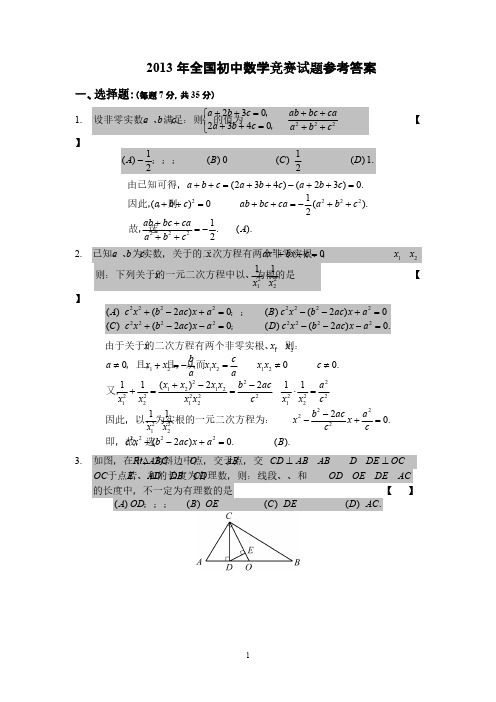 2013年全国初中数学竞赛决赛(初三)试题及参考答案-推荐下载