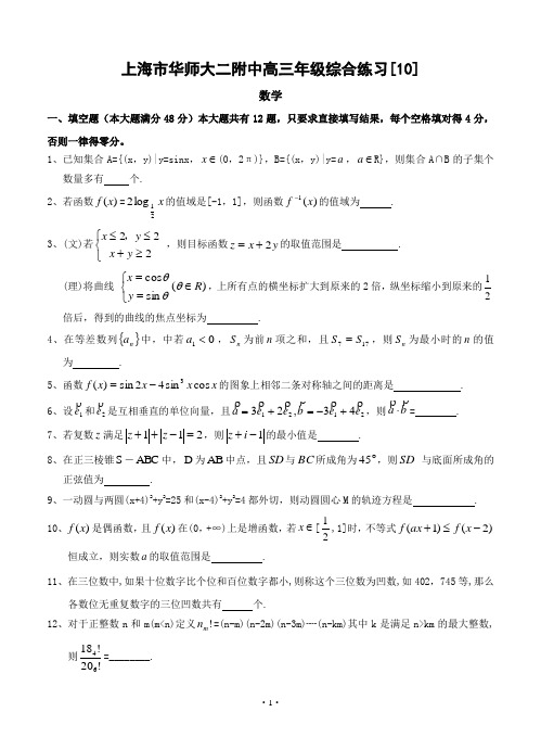 上海市华师大二附中2019届高三综合练习数学10试题