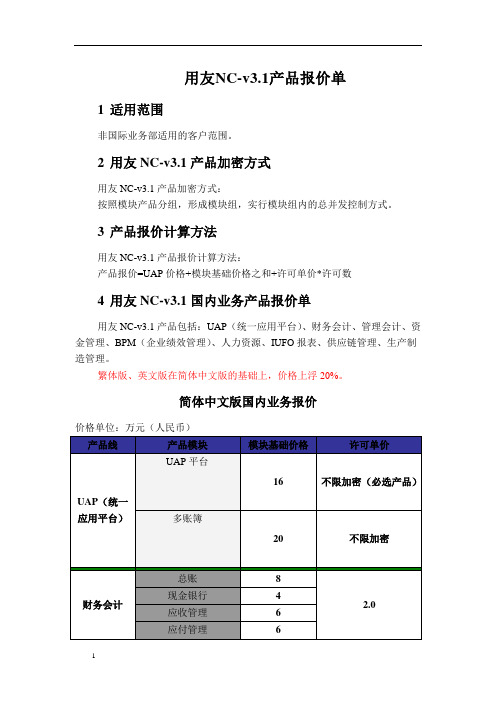 用友ERP-NC3.1产品报价单