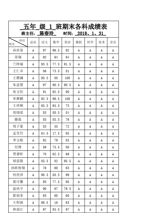 2017下半年五年级期末各科成绩表