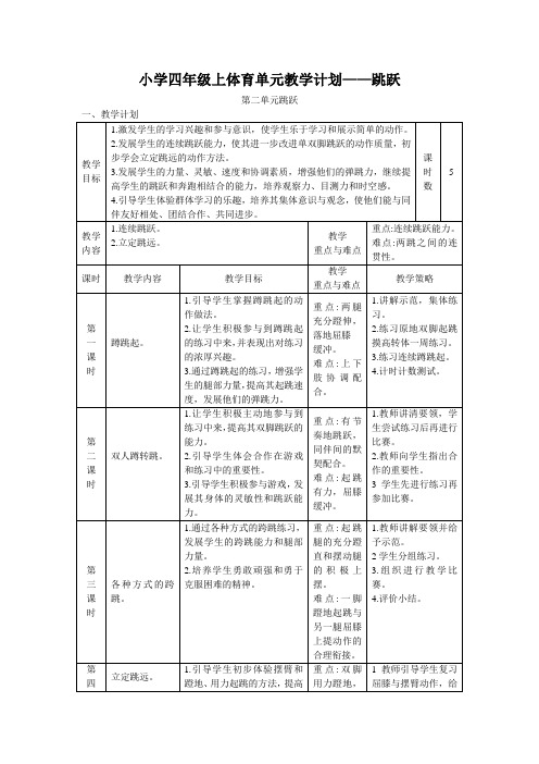小学四年级上体育单元教学计划——跳跃