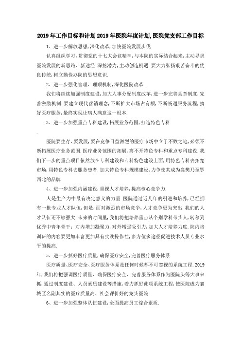 2019年工作目标和计划 2019年医院年度计划,医院党支部工作目标 精品