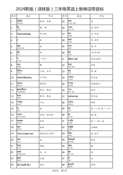 2024新版(译林版)三年级英语上册单词带音标