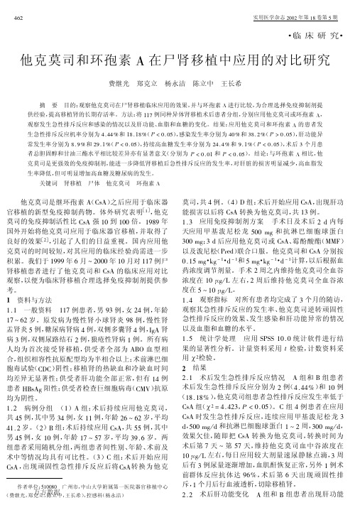 他克莫司和环孢素A在尸肾移植中应用的对比研究