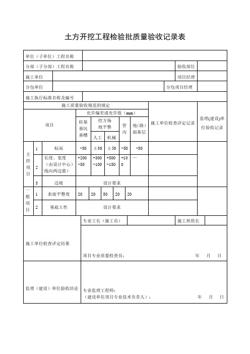 土方开挖工程检验批质量验收记录表模板