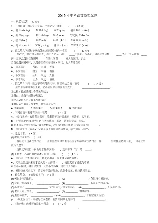 2019年中考语文模拟试题及答案