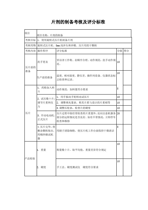 片剂的制备考核及评分标准