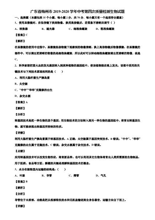 广东省梅州市2019-2020学年中考第四次质量检测生物试题含解析