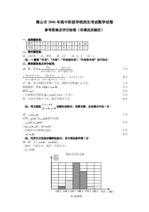 佛山市2006年高中阶段学校招生考试数学试卷(非课改实验区)参考答案