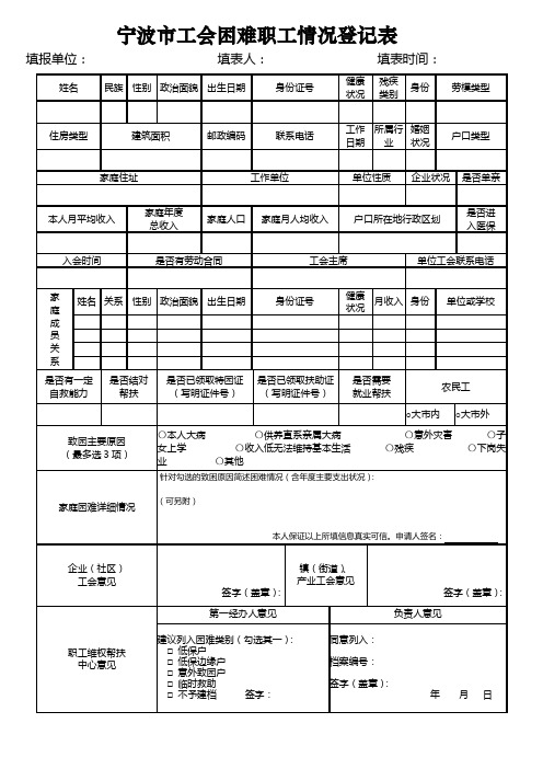 宁波市工会困难职工情况登记表