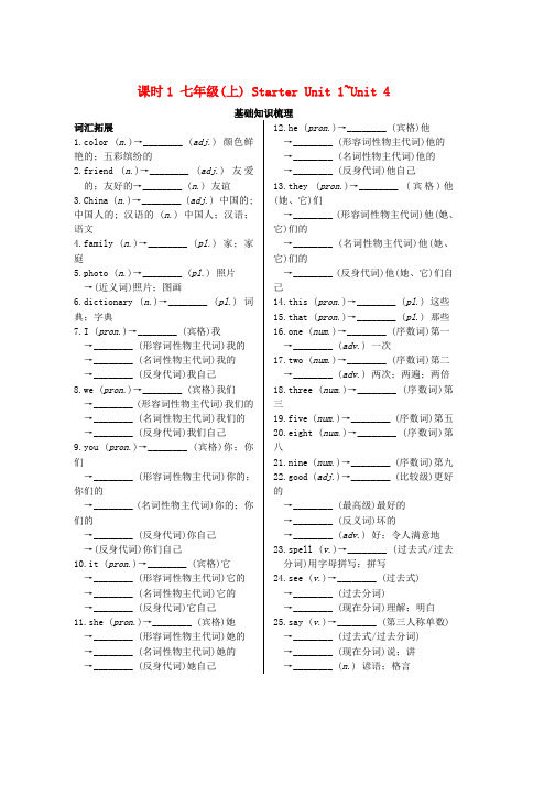 2019中考英语复习知识梳理课时1七上StarterUnit1_4基础知识梳理检测word版本