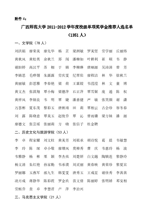广西师范大学2011-2012学年度校级单项奖学金推荐人选名单-推荐下载