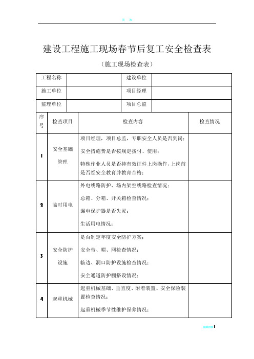 建设工程施工现场春节后复工安全检查表