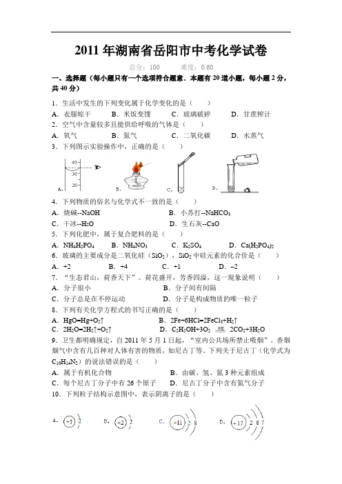 年湖南省岳阳市中考化学试卷