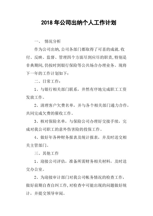 2018年公司出纳个人工作计划