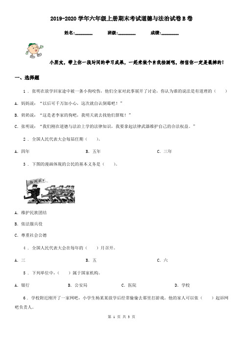 2019-2020学年六年级上册期末考试道德与法治试卷B卷(测试)