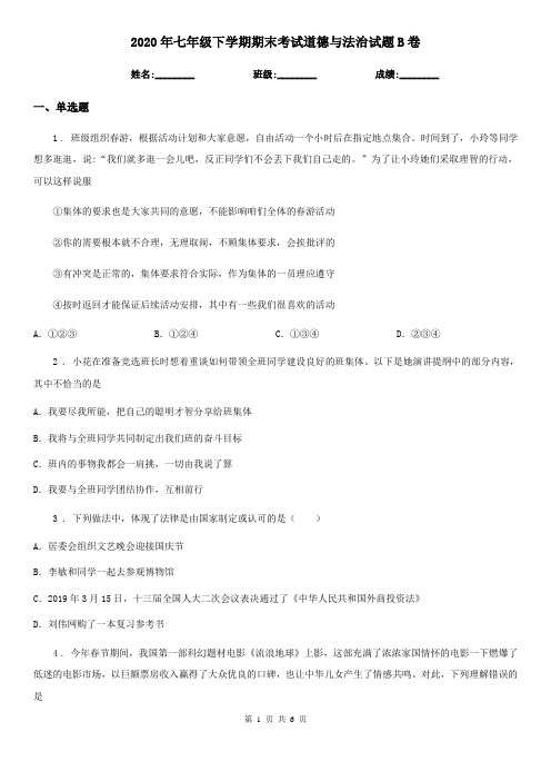 2020年七年级下学期期末考试道德与法治试题B卷