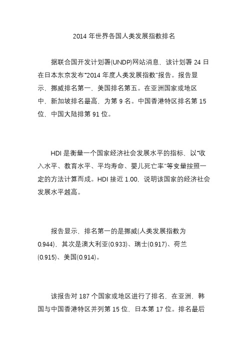 2014年世界各国人类发展指数排名