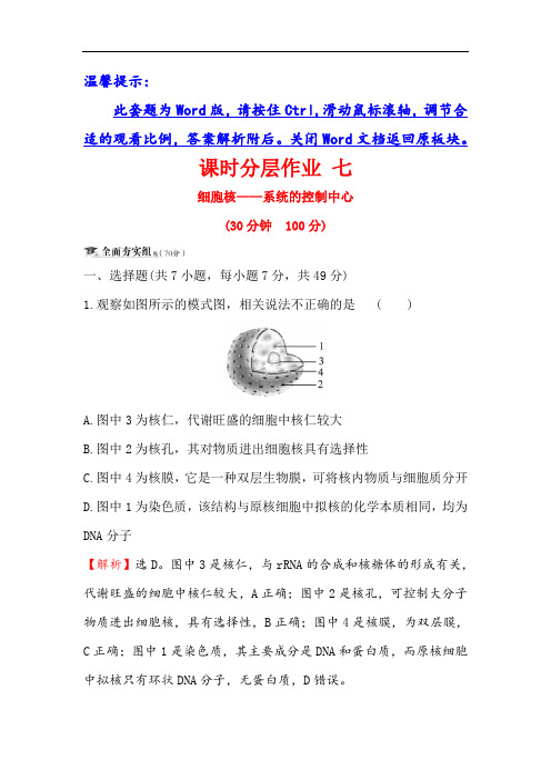 2020届高三生物人教一轮复习课时分层作业： 七 2.3细胞核——系统的控制中心 Word版含解析