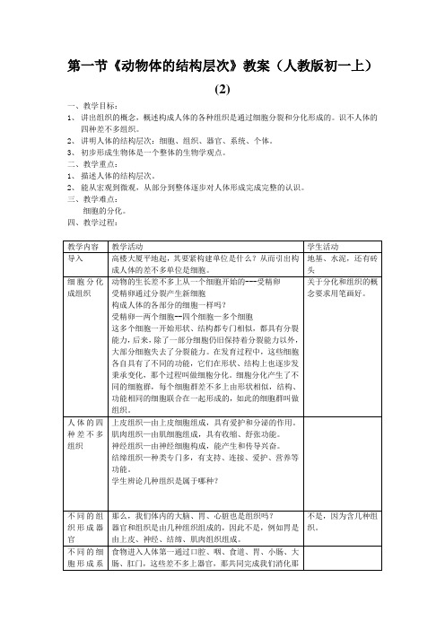 第一节《动物体的结构层次》教案(人教版初一上) (2)