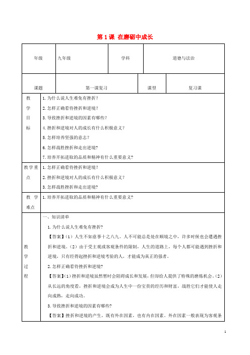 部编版2020九年级道德与法治上册 第一单元 努力战胜自我 第1课 在磨砺中成长复习学案(无答案) 陕教版