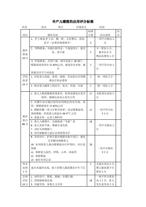 早产儿暖箱的应用评分标准