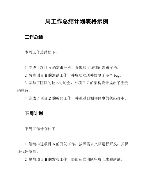 周工作总结计划表格示例