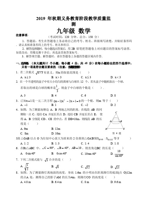四川省宜宾市部分学校2019 年秋期义务教育阶段教学质量监测人教版九年级数学试题