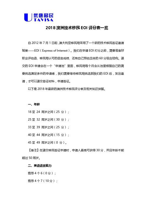 2018澳洲技术移民EOI评分表一览