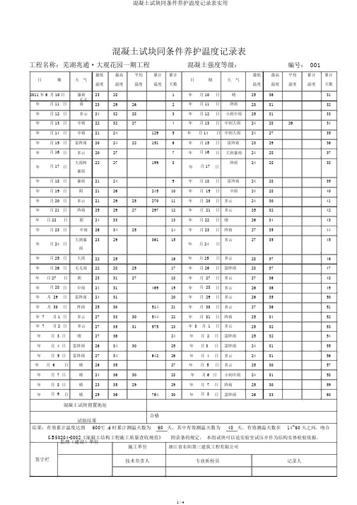 混凝土试块同条件养护温度记录表实用