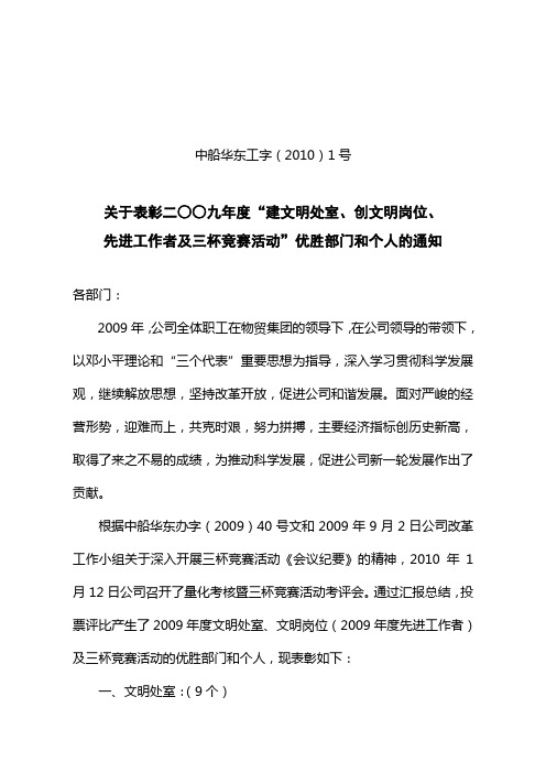 公司表彰2009年度文明处室、三杯竞赛优胜决定