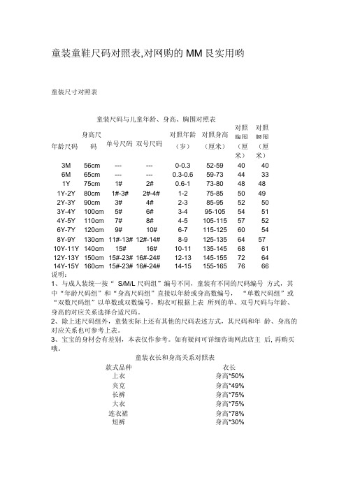 童装童鞋尺码对照