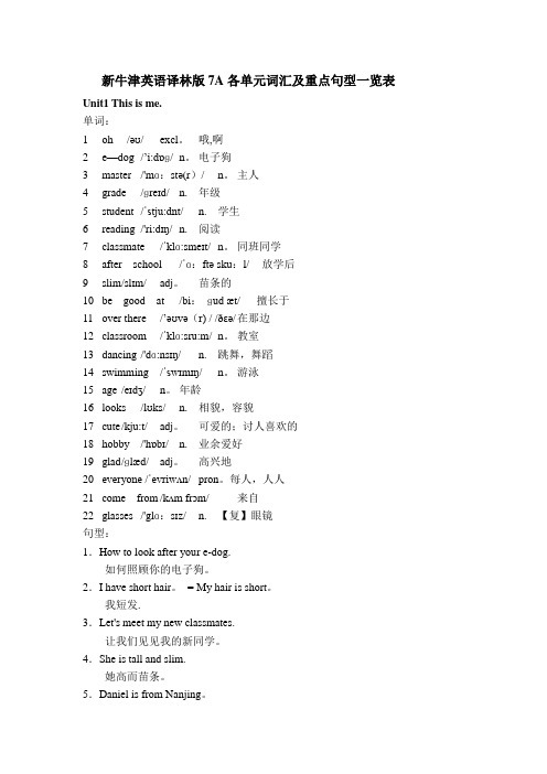 新牛津英语译林版7A各单元词汇及重点句型一览表