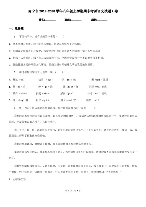 南宁市2019-2020学年八年级上学期期末考试语文试题A卷
